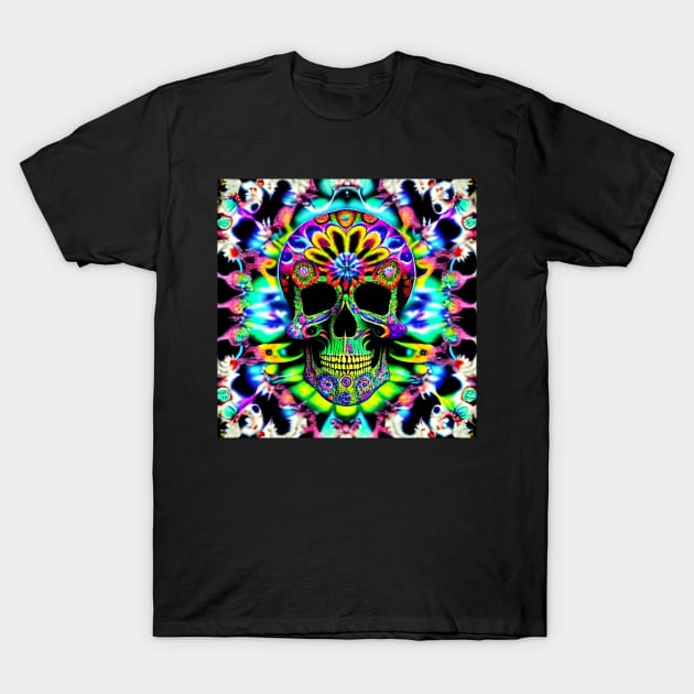 Skull Tie Dye Psychedelic Trippy Rainbow Festival Hippie Neon T-Shirt by Anticulture